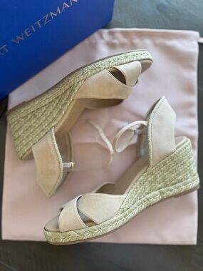 Stuart Weitzman Neutral Suede Espadrille Wedge Sandals